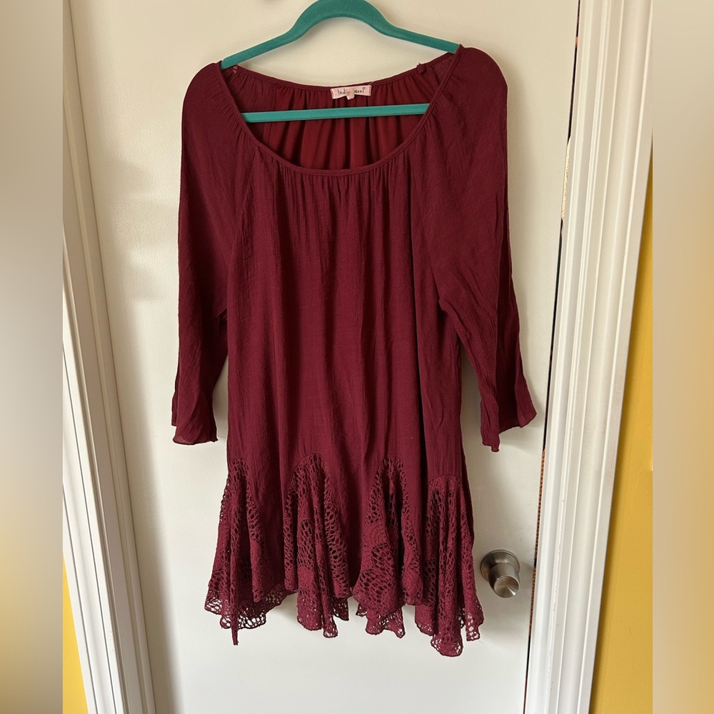 Indigo Soul Women's Burgundy tunic or dress with Lace Hem - size lg
